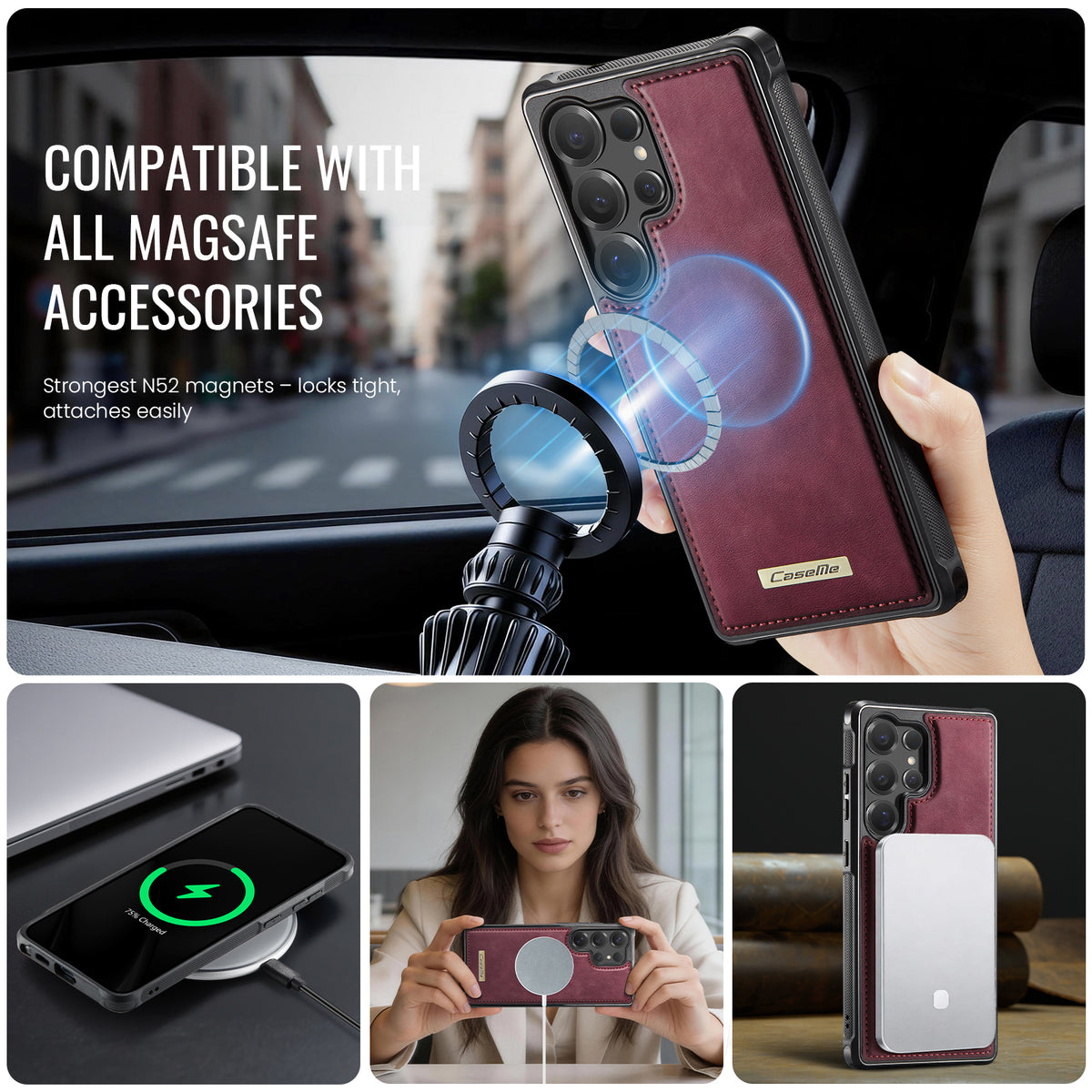 CaseMe til Samsung Galaxy S25 Ultra, magnetisk cover fra C69-serien, TPU-mobilcover med læderbelægning
