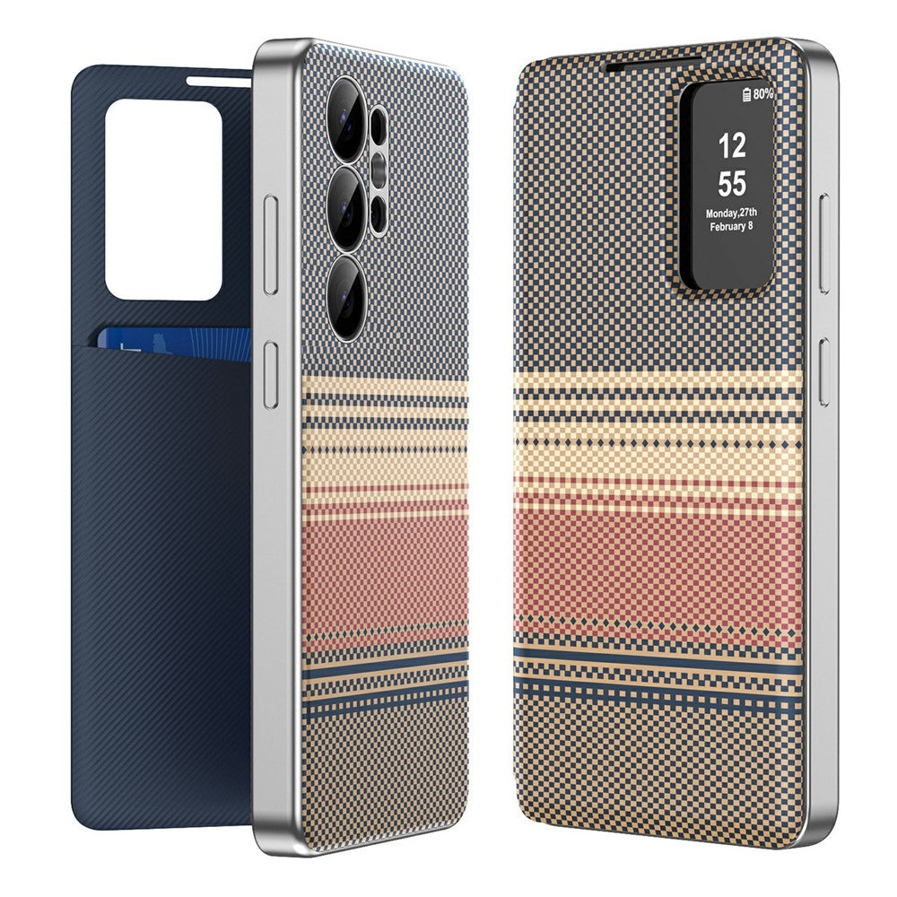 For Samsung Galaxy S24 Ultra Case Card Slot View Window Gradient Color Checkered Pattern Leather Phone Cover