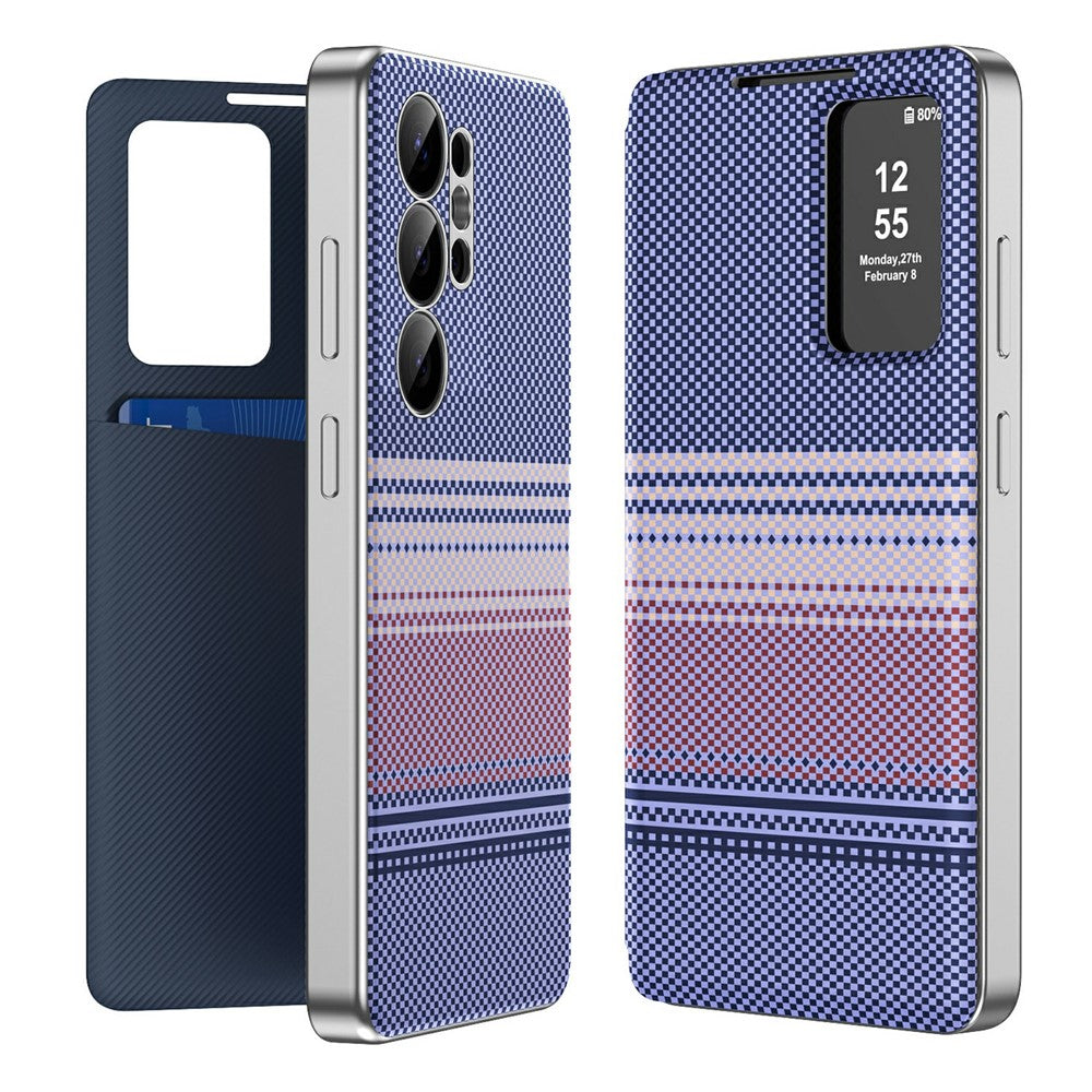 For Samsung Galaxy S24 Ultra Case Card Slot View Window Gradient Color Checkered Pattern Leather Phone Cover