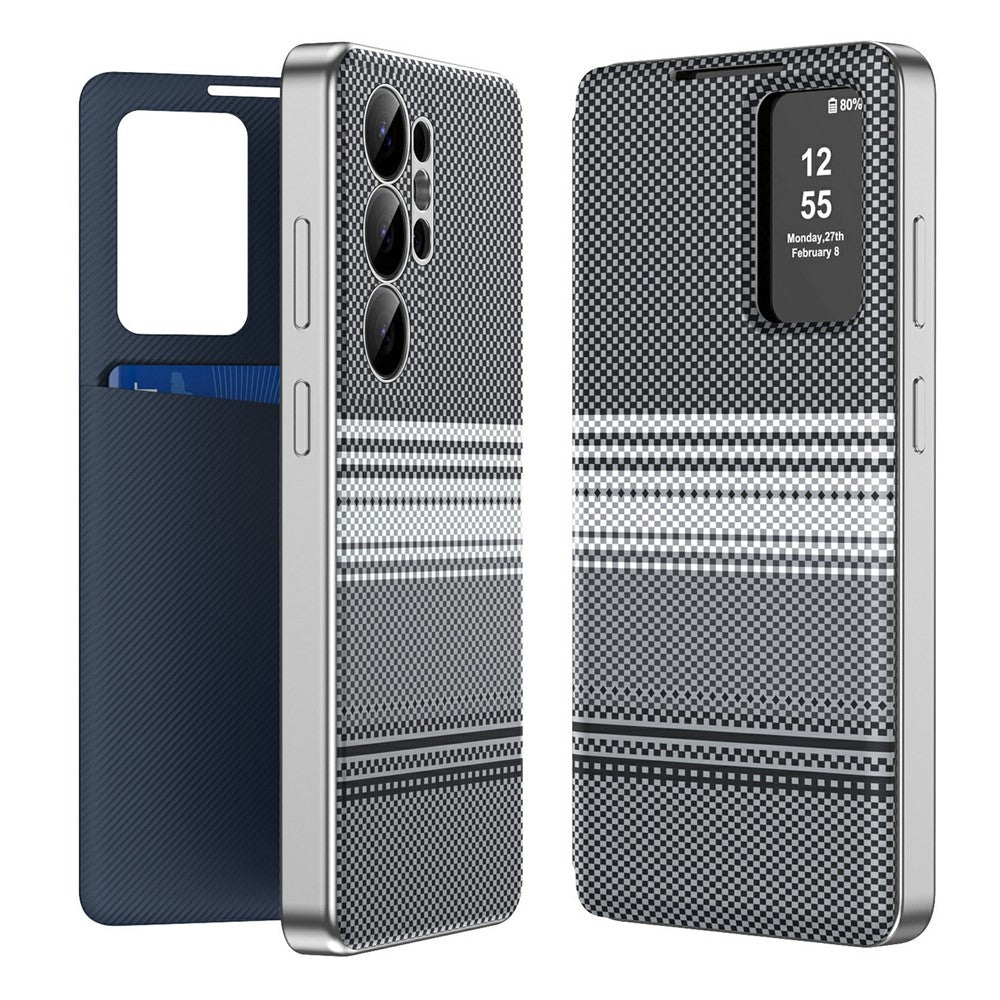Skal till Samsung Galaxy S25 Ultra med kortfack, fönster med tonad färg, rutmönster i läder