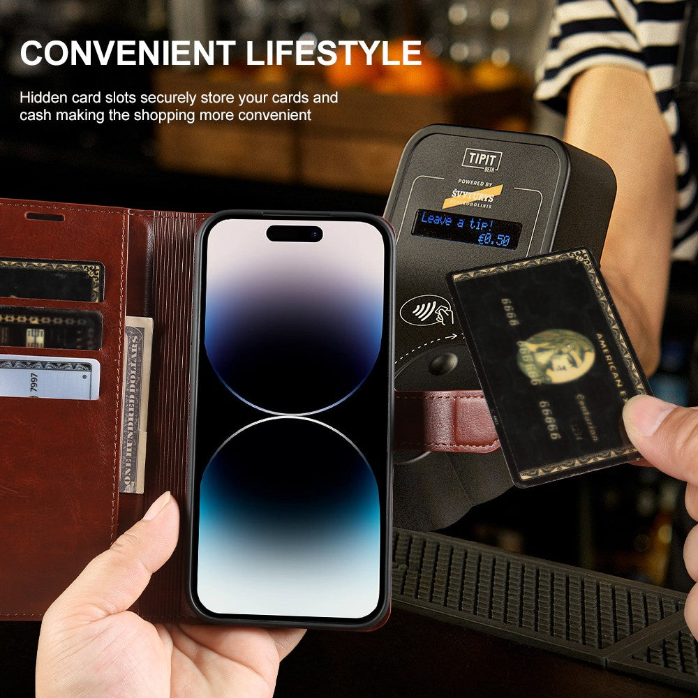 For iPhone 14 Pro Max Wallet Case Crazy Horse Texture Leather Flip Phone Cover with Magnetic Closure