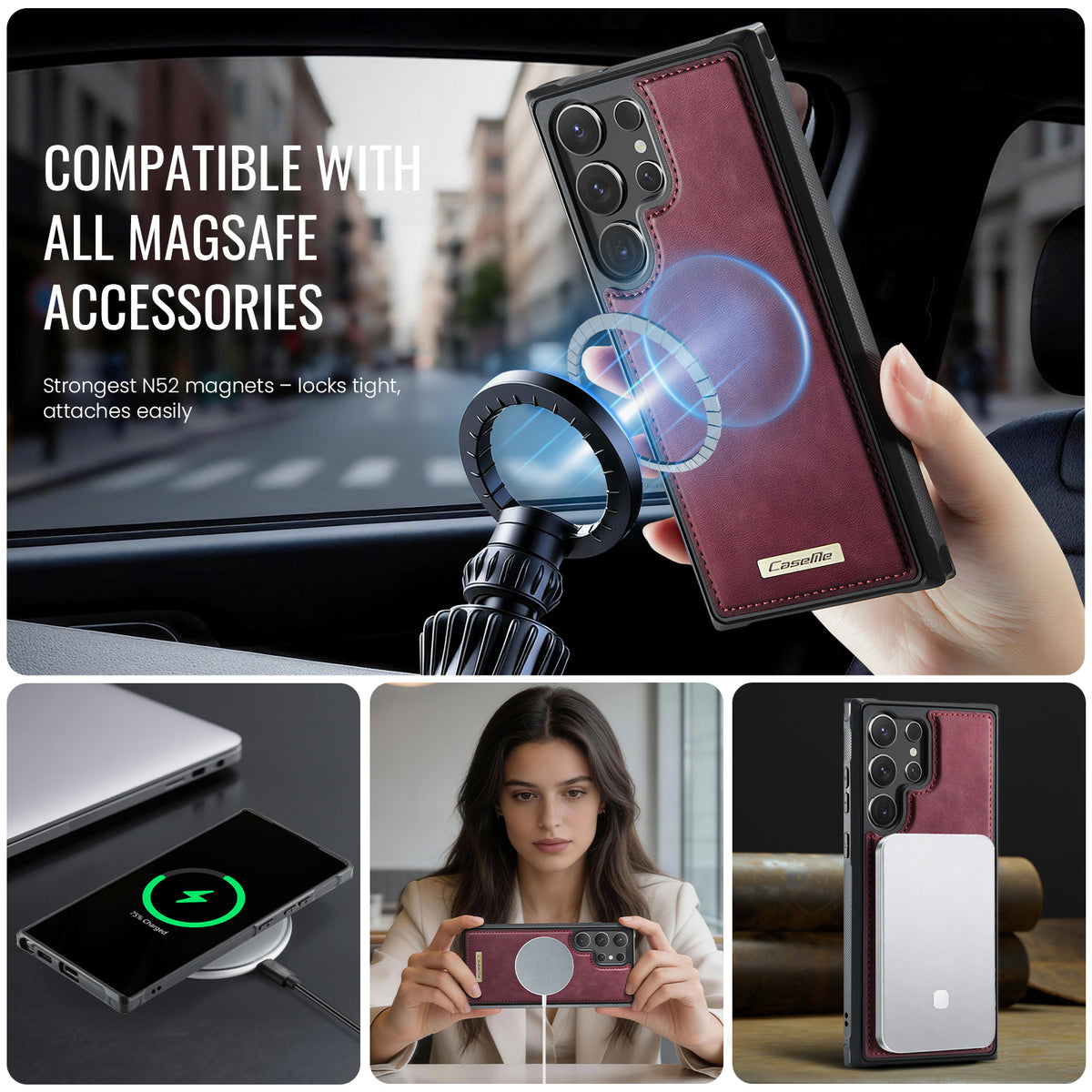 CaseMe magnetisk cover i C69-serien til Samsung Galaxy S23 Ultra, TPU-mobilcover med læderbelægning