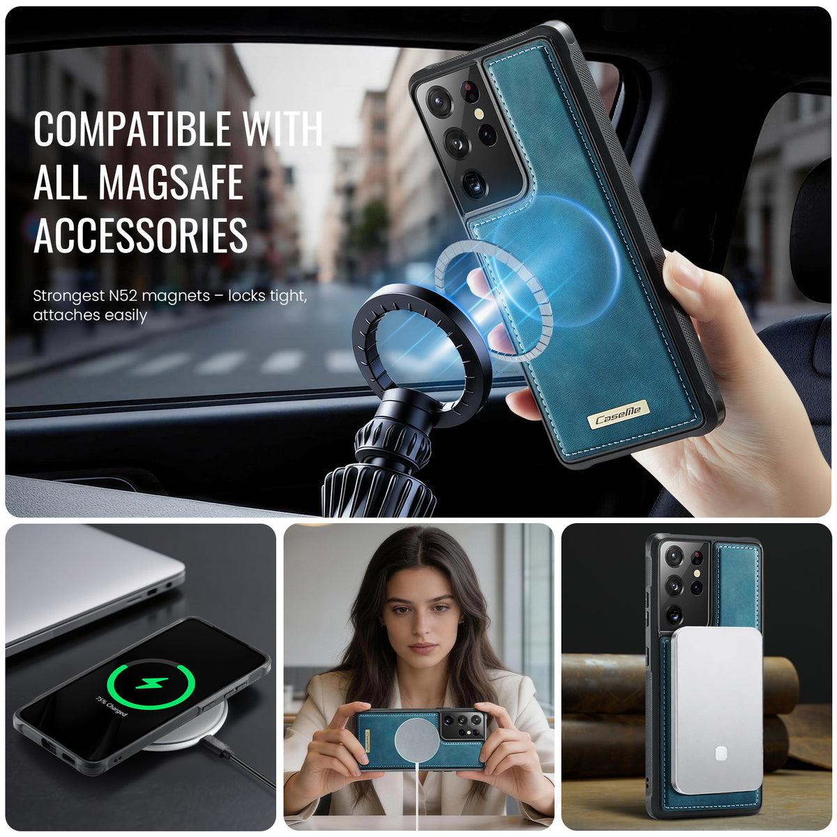 CaseMe For Samsung Galaxy S21 Ultra 5G C69 Series Magnetic Case Leather Coated TPU Phone Cover