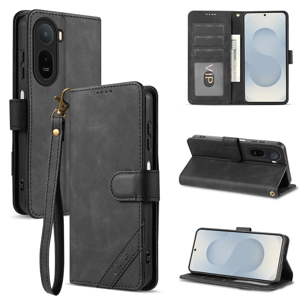 AZNS A2 Leather Case for Xiaomi Poco C85x 5G / Redmi A7 Pro 4G (171.56mm) / Redmi A7 Pro 5G Wrist Strap RFID Blocking Wallet Stand Phone Cover