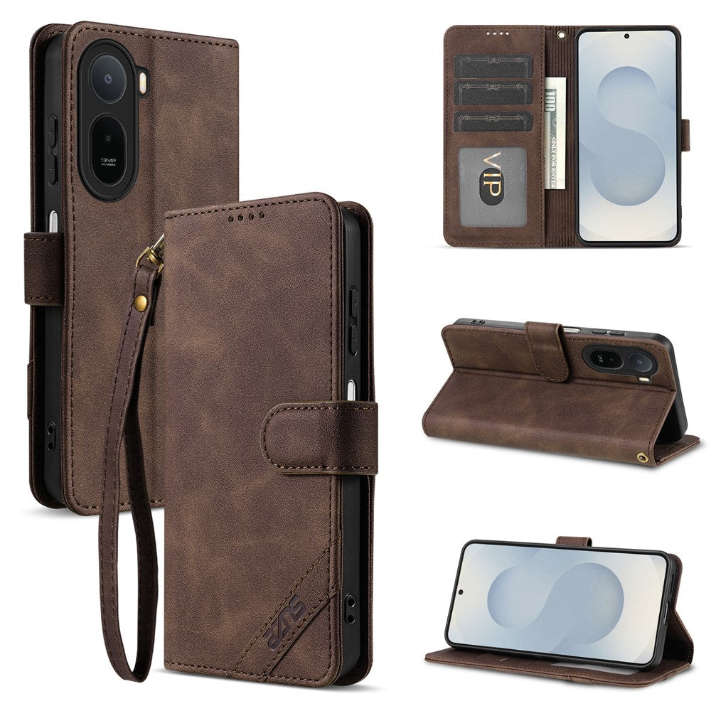 AZNS A2 Leather Case for Xiaomi Poco C85x 5G / Redmi A7 Pro 4G (171.56mm) / Redmi A7 Pro 5G Wrist Strap RFID Blocking Wallet Stand Phone Cover