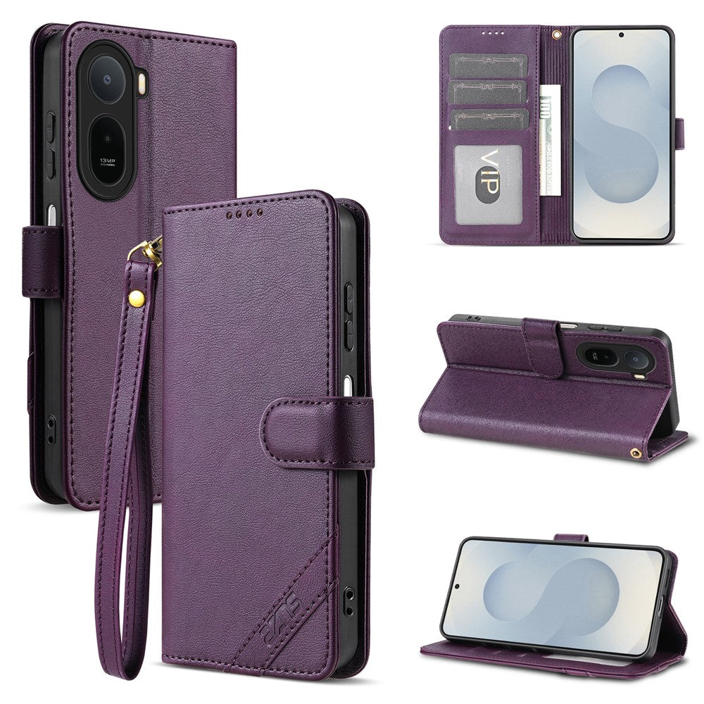 AZNS A2 Leather Case for Xiaomi Poco C85x 5G / Redmi A7 Pro 4G (171.56mm) / Redmi A7 Pro 5G Wrist Strap RFID Blocking Wallet Stand Phone Cover