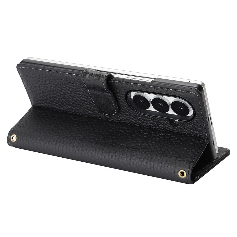 For Samsung Galaxy Z Fold7 5G Stand Case Litchi Texture Genuine Cow Leather Wallet Phone Cover RFID Blocking