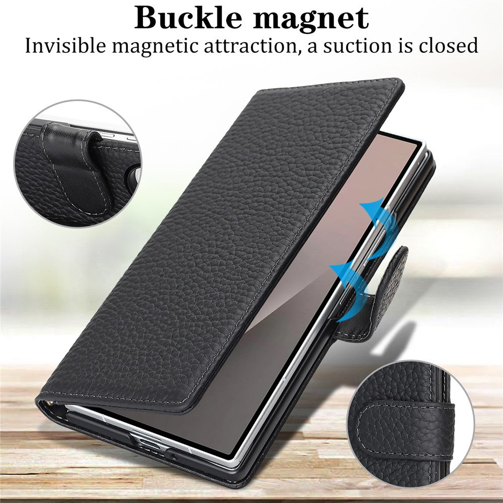 For Samsung Galaxy Z Fold7 5G Stand Case Litchi Texture Genuine Cow Leather Wallet Phone Cover RFID Blocking