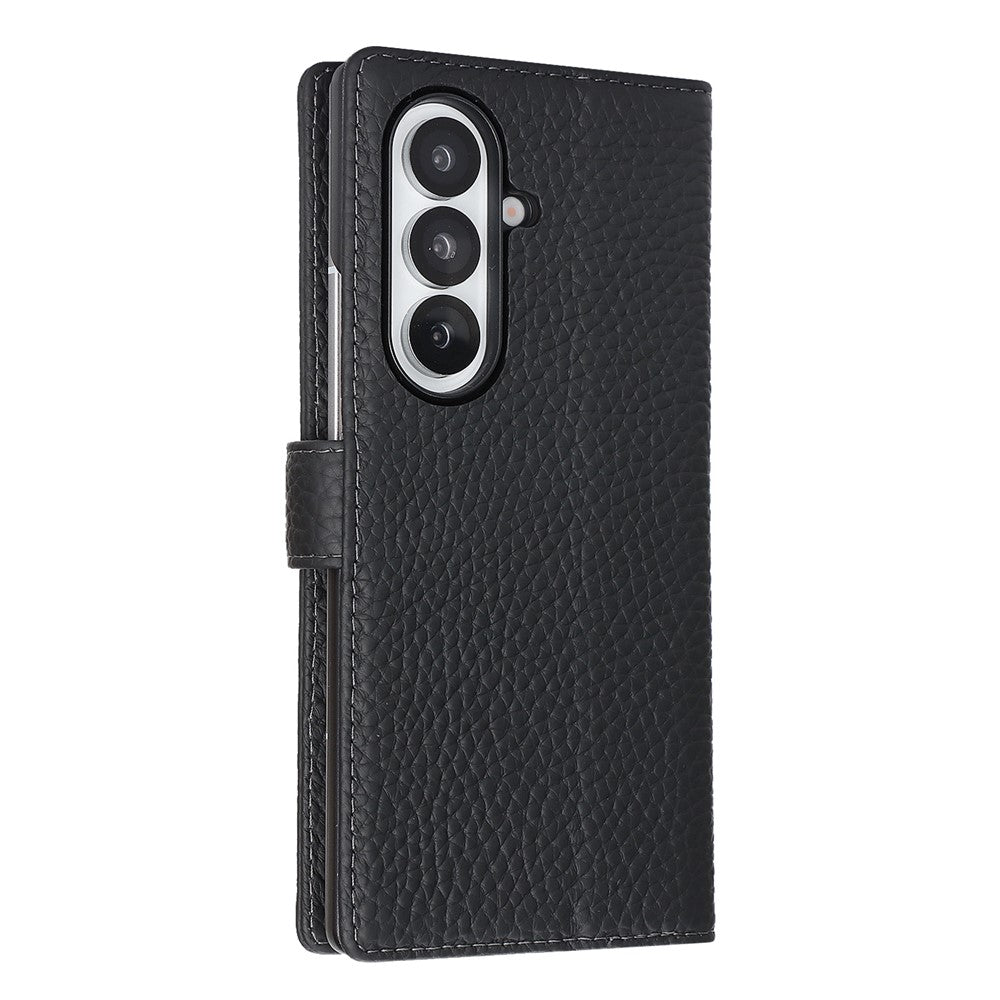 For Samsung Galaxy Z Fold7 5G Stand Case Litchi Texture Genuine Cow Leather Wallet Phone Cover RFID Blocking