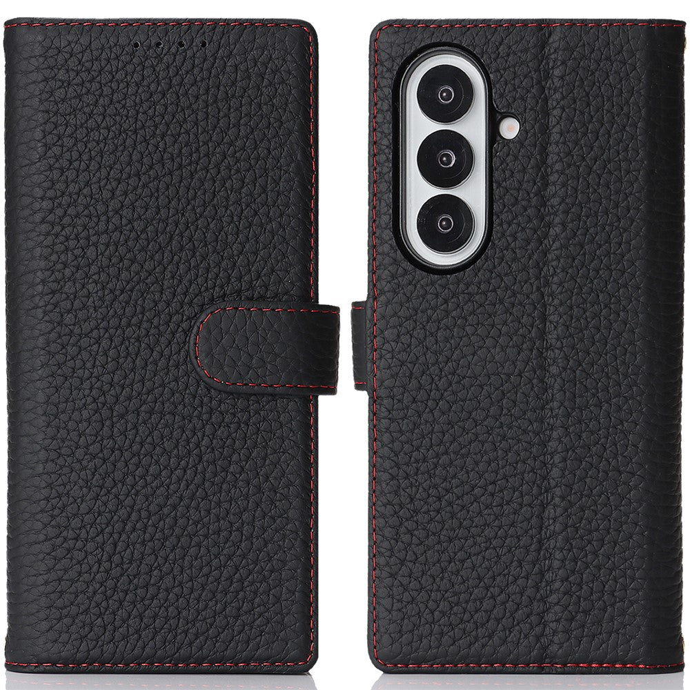 For Samsung Galaxy Z Fold7 5G Stand Case Litchi Texture Genuine Cow Leather Wallet Phone Cover RFID Blocking