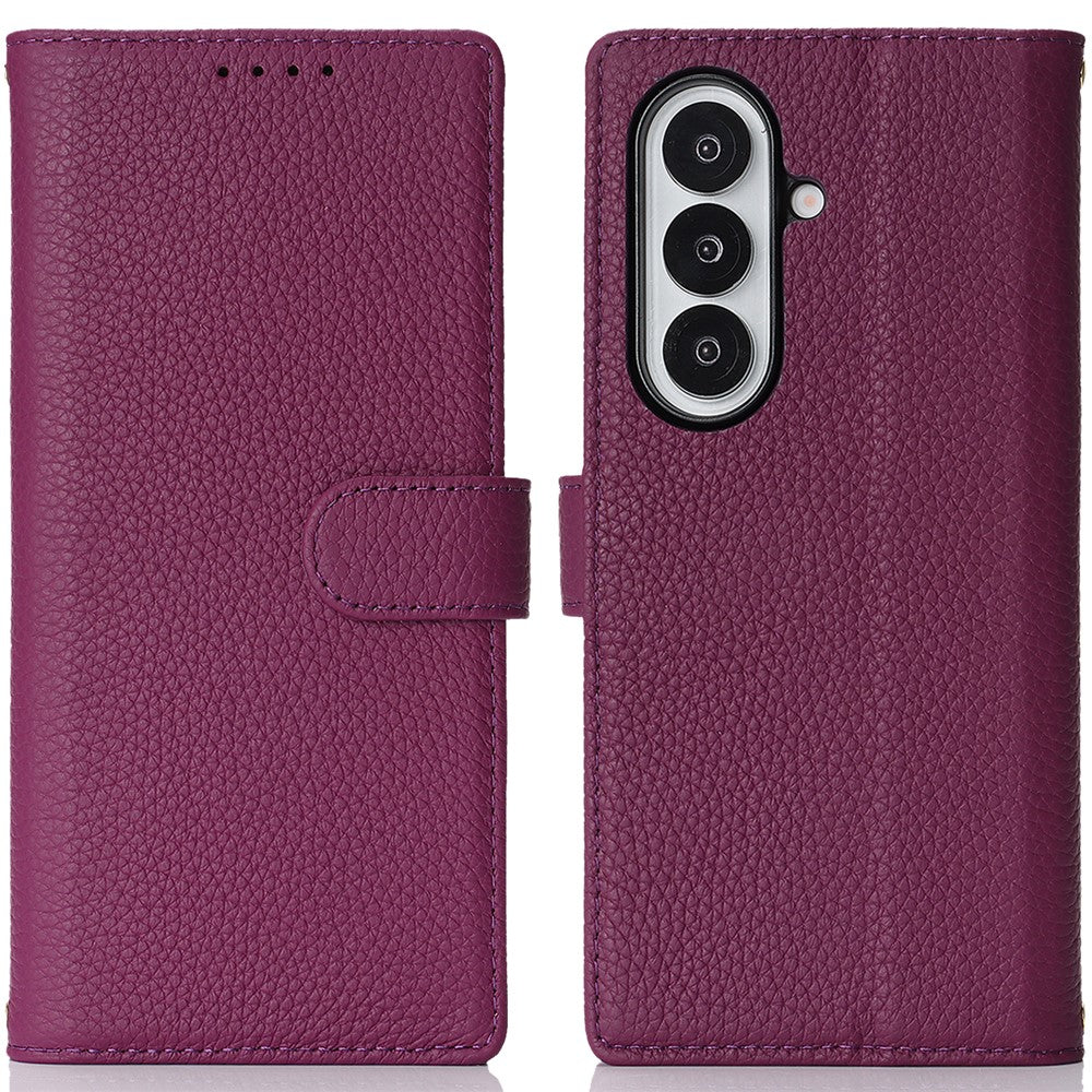 For Samsung Galaxy Z Fold7 5G Stand Case Litchi Texture Genuine Cow Leather Wallet Phone Cover RFID Blocking