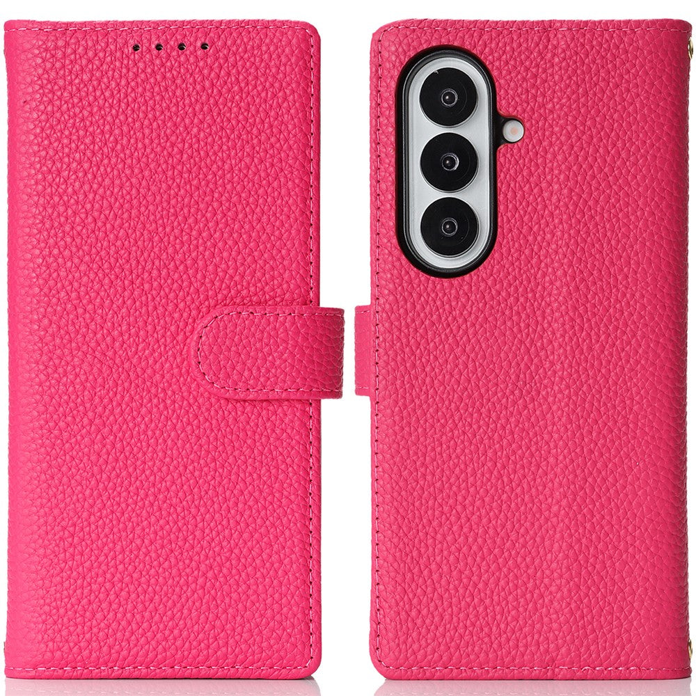 For Samsung Galaxy Z Fold7 5G Stand Case Litchi Texture Genuine Cow Leather Wallet Phone Cover RFID Blocking