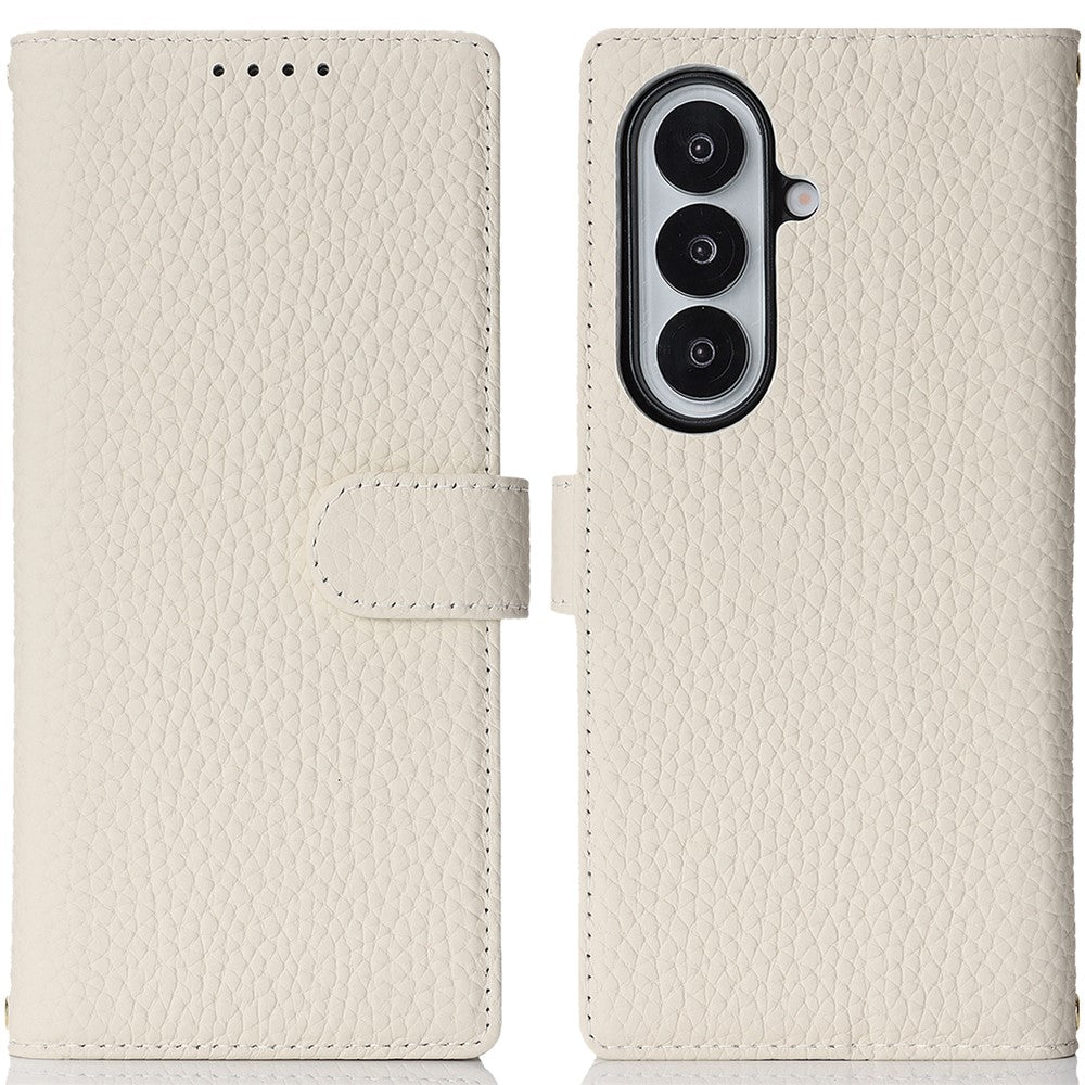 For Samsung Galaxy Z Fold7 5G Stand Case Litchi Texture Genuine Cow Leather Wallet Phone Cover RFID Blocking