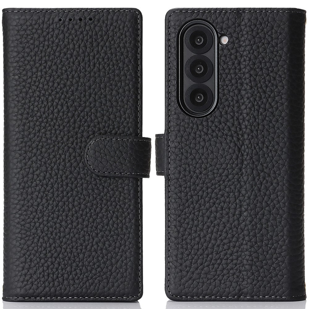 Til Samsung Galaxy Z Fold6 5G Stand-etui Litchi-tekstur Ægte koskind-pung-telefoncover RFID-blokerende