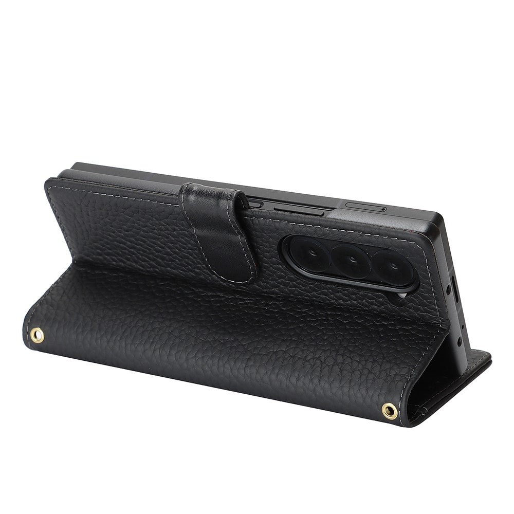 Til Samsung Galaxy Z Fold6 5G Stand-etui Litchi-tekstur Ægte koskind-pung-telefoncover RFID-blokerende