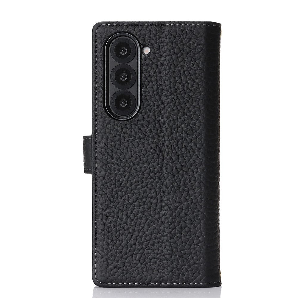 Til Samsung Galaxy Z Fold6 5G Stand-etui Litchi-tekstur Ægte koskind-pung-telefoncover RFID-blokerende