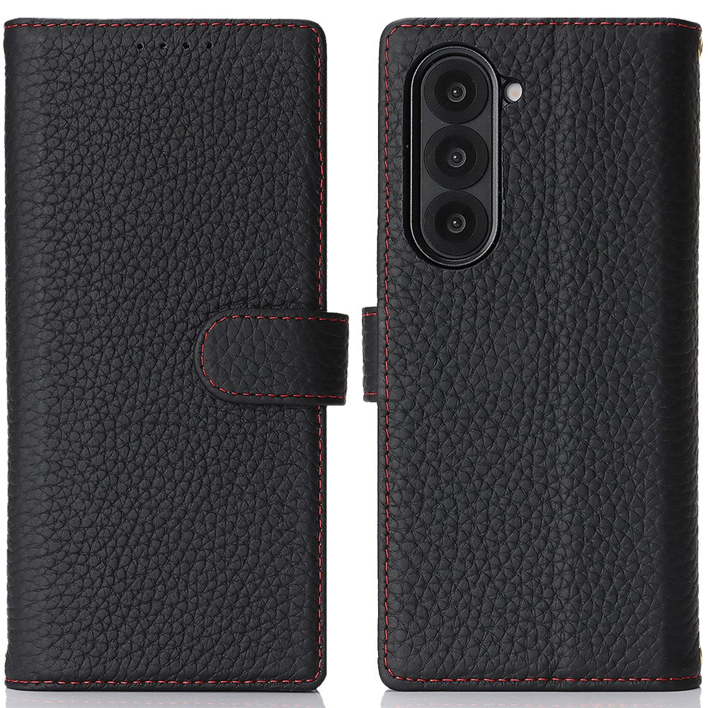 Til Samsung Galaxy Z Fold6 5G Stand-etui Litchi-tekstur Ægte koskind-pung-telefoncover RFID-blokerende