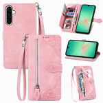 Til Samsung Galaxy A27 5G Pung-Etui med Lynlås og Rem, Blomsterpræg i PU Læder, Telefoncover
