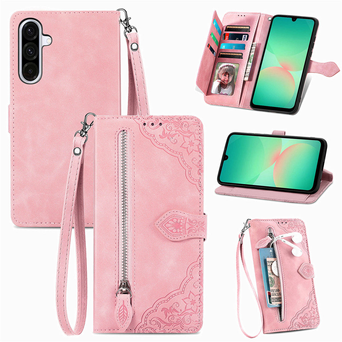 Til Samsung Galaxy A27 5G Pung-Etui med Lynlås og Rem, Blomsterpræg i PU Læder, Telefoncover