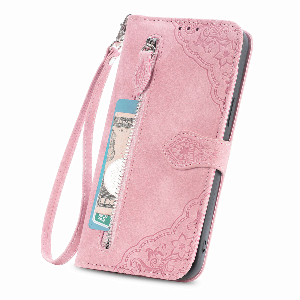 Til Samsung Galaxy A27 5G Pung-Etui med Lynlås og Rem, Blomsterpræg i PU Læder, Telefoncover