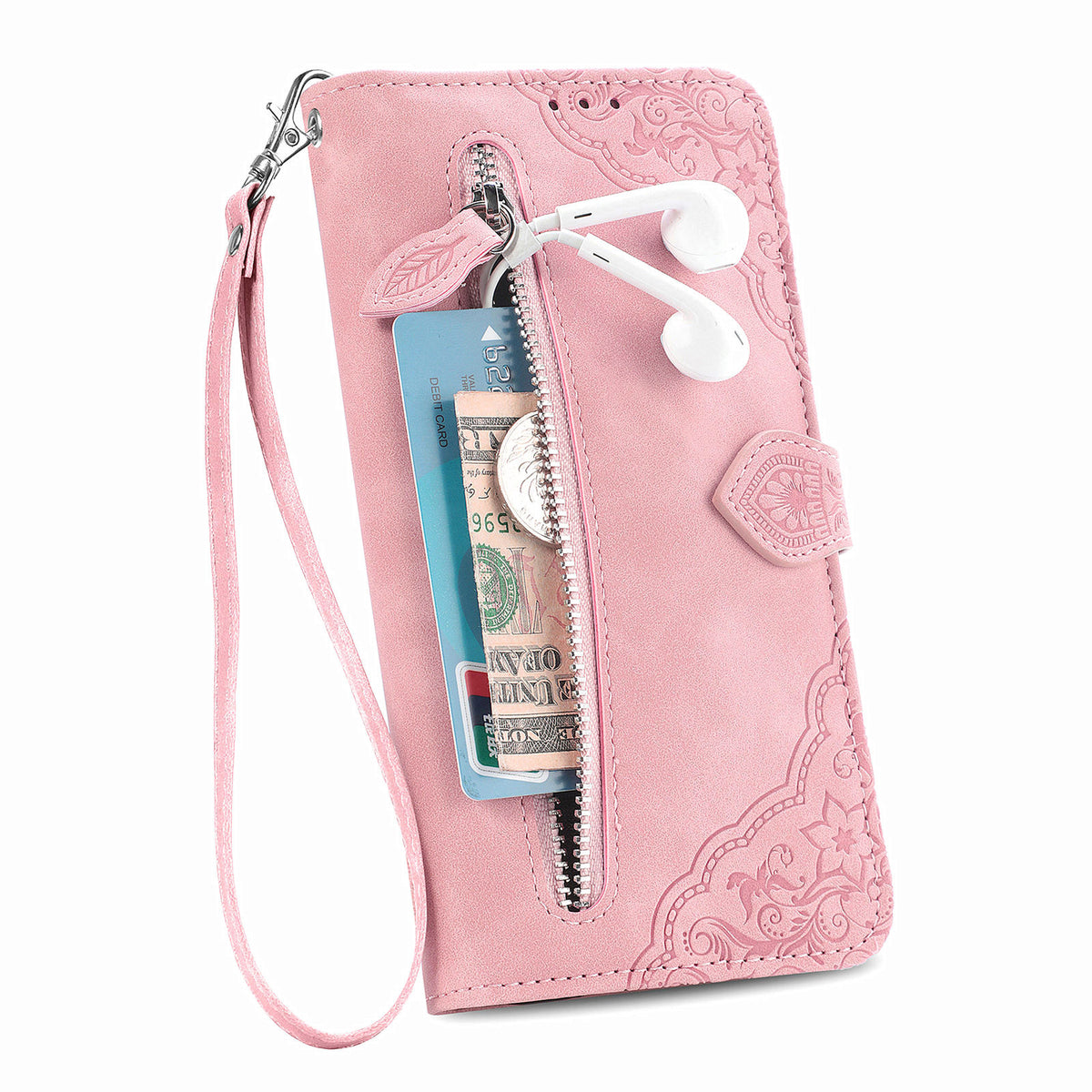 Til Samsung Galaxy A27 5G Pung-Etui med Lynlås og Rem, Blomsterpræg i PU Læder, Telefoncover