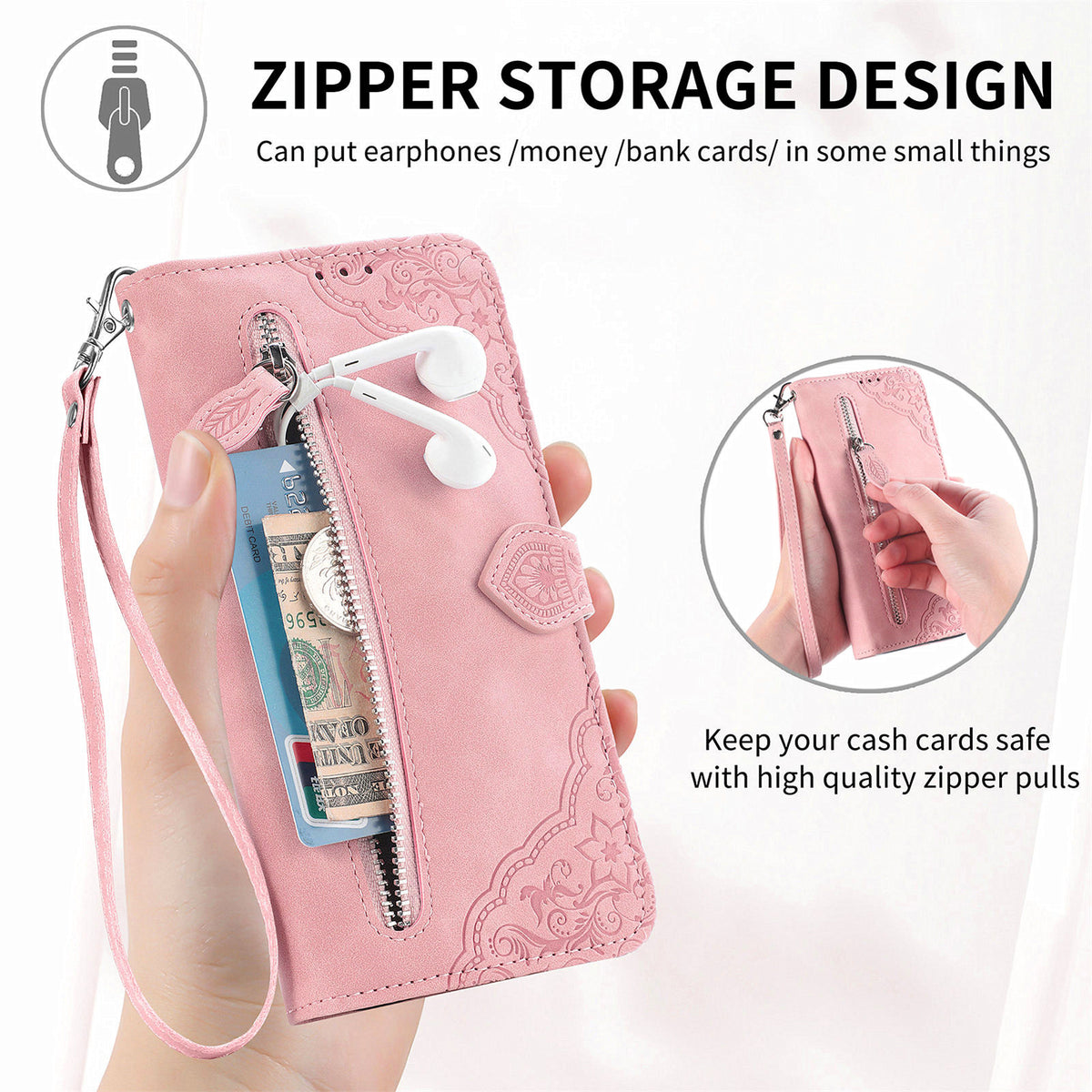 Til Samsung Galaxy A27 5G Pung-Etui med Lynlås og Rem, Blomsterpræg i PU Læder, Telefoncover