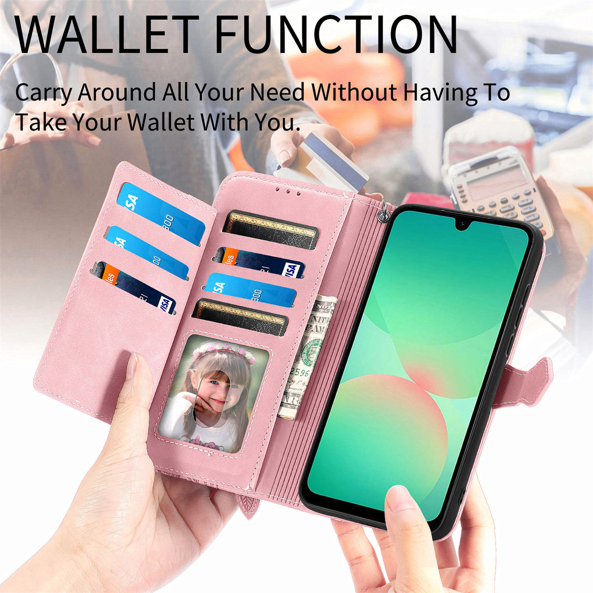 Til Samsung Galaxy A27 5G Pung-Etui med Lynlås og Rem, Blomsterpræg i PU Læder, Telefoncover