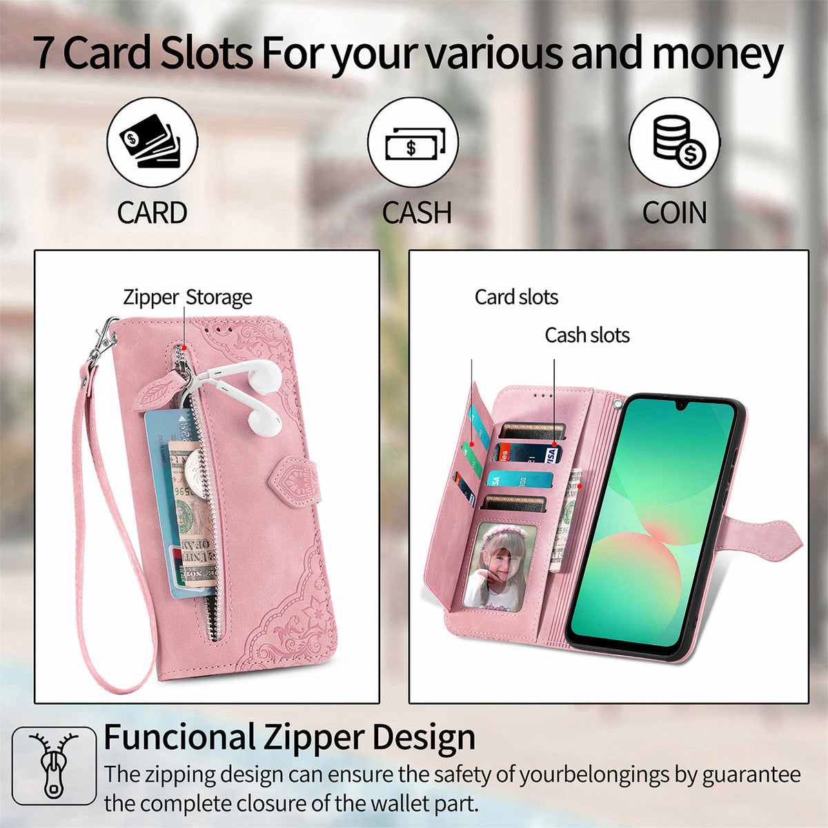 Til Samsung Galaxy A27 5G Pung-Etui med Lynlås og Rem, Blomsterpræg i PU Læder, Telefoncover
