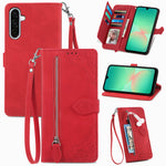 Til Samsung Galaxy A27 5G Pung-Etui med Lynlås og Rem, Blomsterpræg i PU Læder, Telefoncover