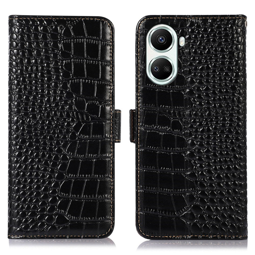 For Huawei nova 10 SE 4G RFID Blocking Phone Case Crocodile Texture Genuine Cowhide Leather Wallet Stand Cover
