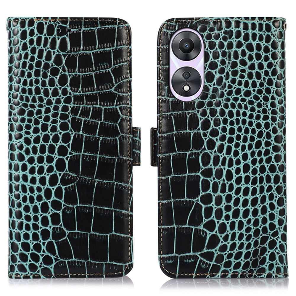 For Oppo A58 5G Crocodile Texture Genuine Cowhide Leather Phone Case Wallet Stand Cover with RFID Blocking Function