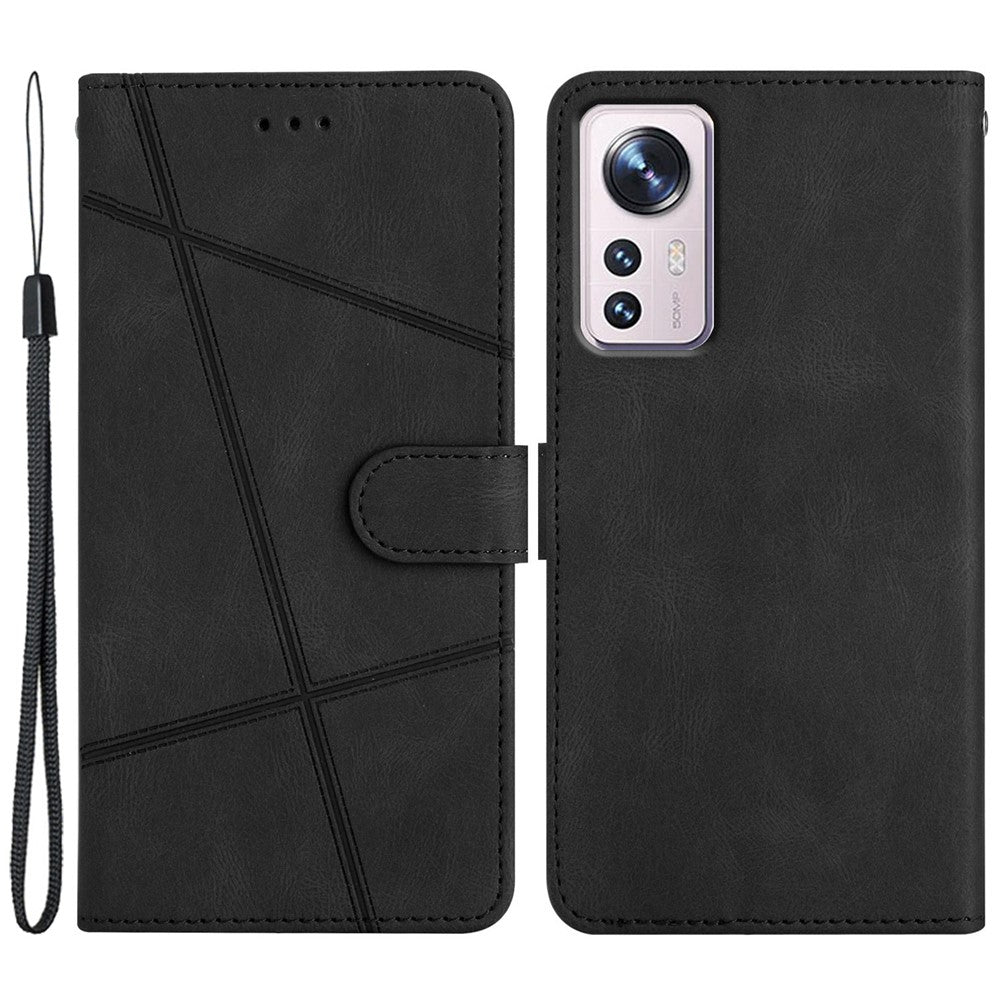 Drop-proof Phone Case for Xiaomi 12 Lite 5G, Lines Imprinted Flip Wallet Stand Case Crazy Horse Texture PU Leather Cover with Strap