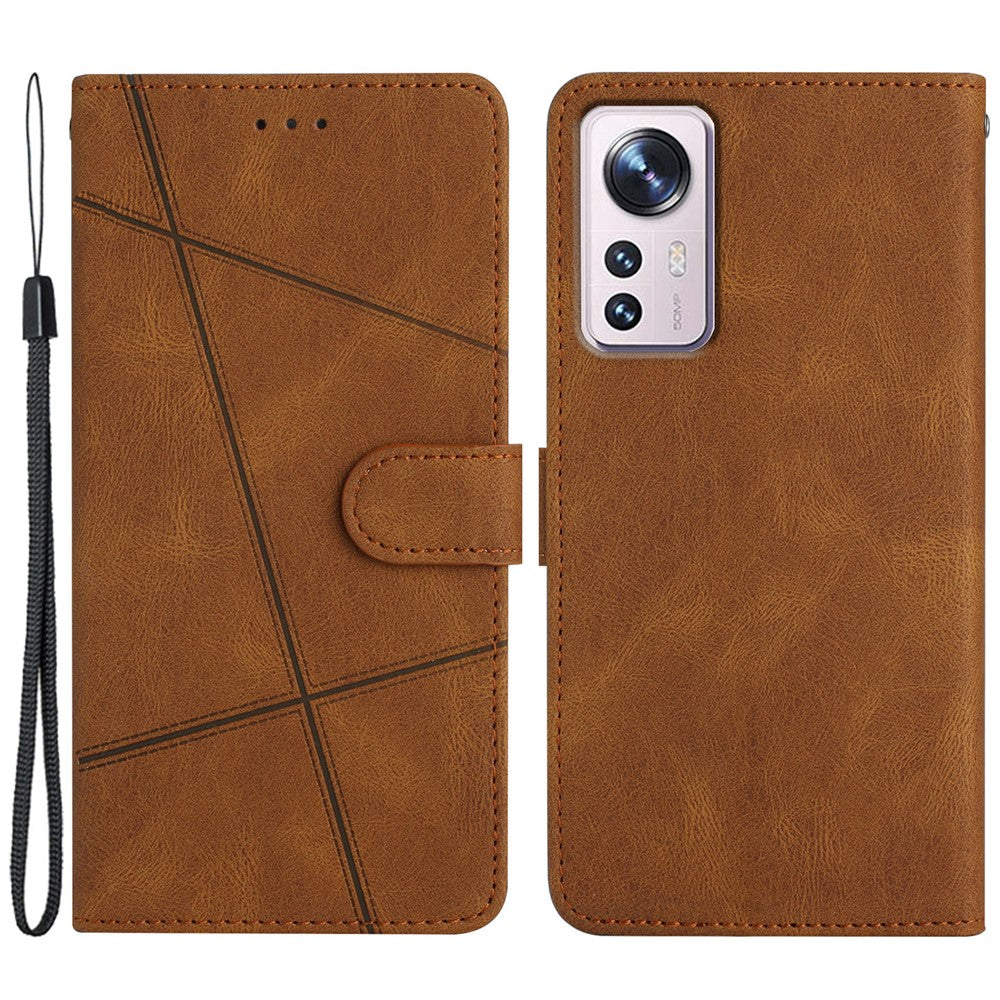 Drop-proof Phone Case for Xiaomi 12 Lite 5G, Lines Imprinted Flip Wallet Stand Case Crazy Horse Texture PU Leather Cover with Strap