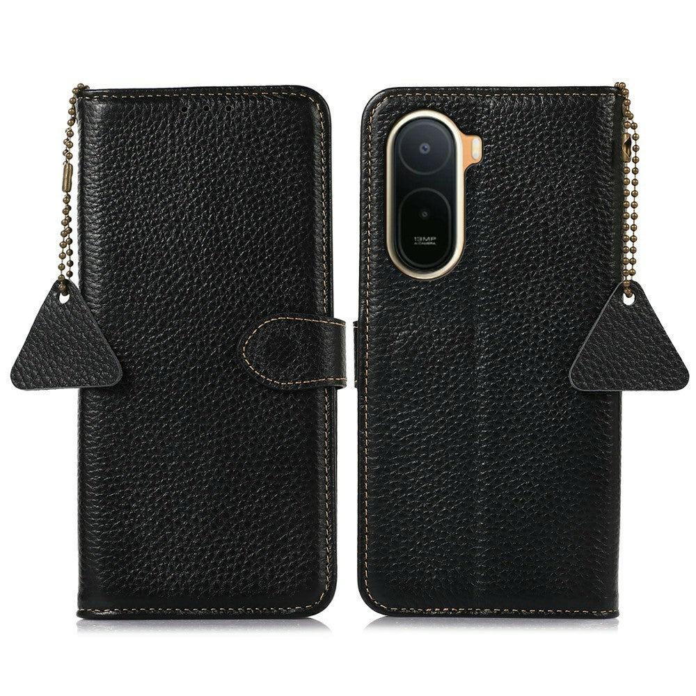RFID Blocking Case for Xiaomi Poco C85x 5G / Redmi A7 Pro 4G (171.56mm) / Redmi A7 Pro 5G Genuine Cow Leather Phone Cover Litchi Texture
