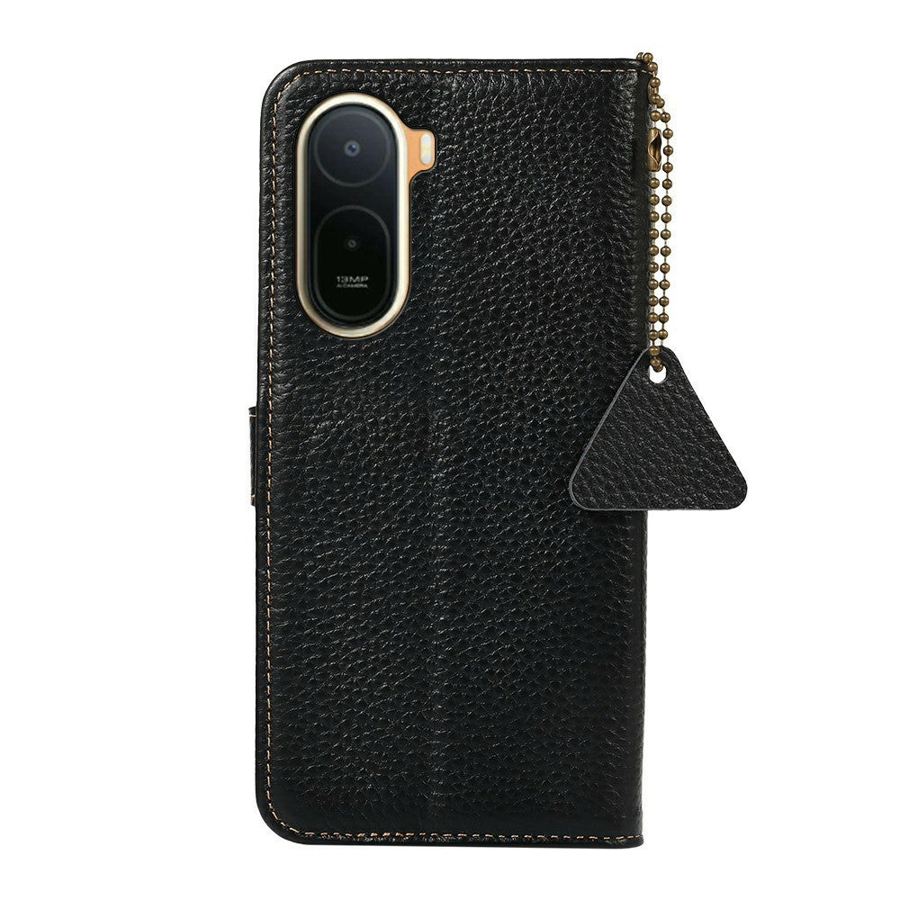 RFID Blocking Case for Xiaomi Poco C85x 5G / Redmi A7 Pro 4G (171.56mm) / Redmi A7 Pro 5G Genuine Cow Leather Phone Cover Litchi Texture