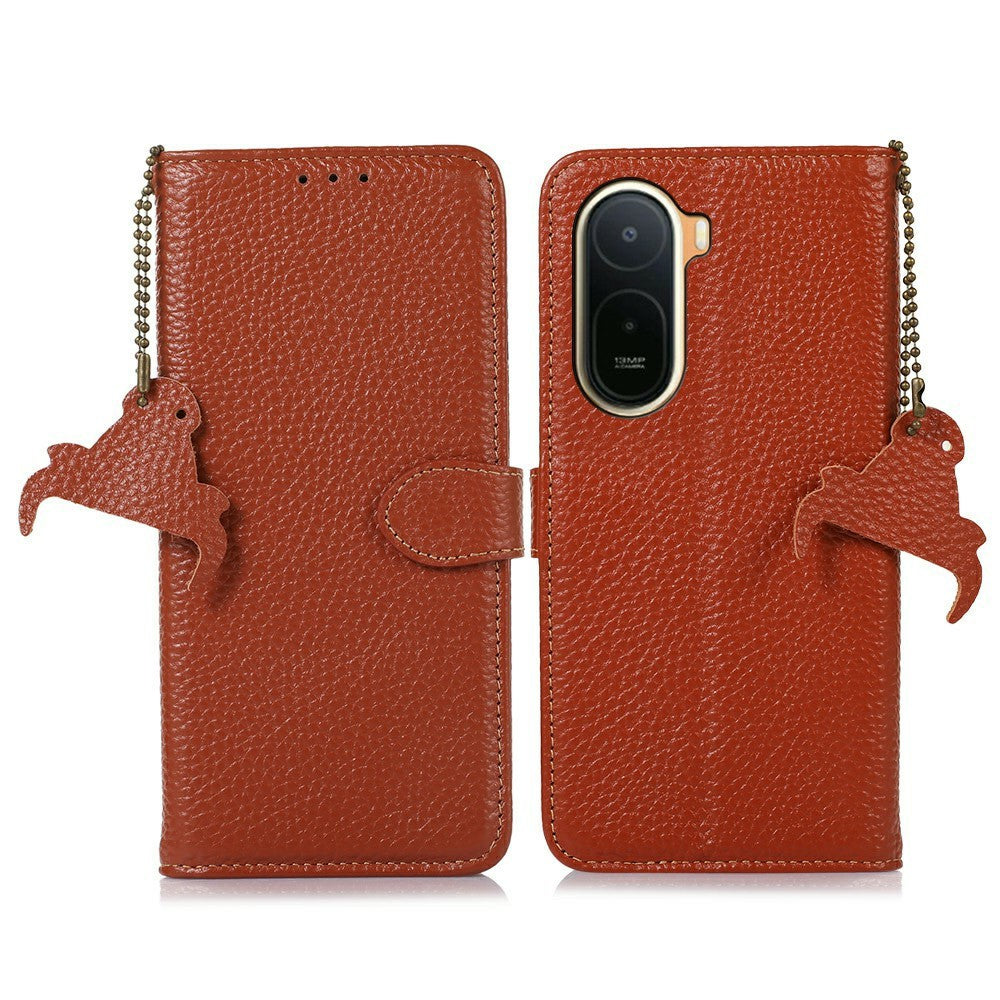 RFID Blocking Case for Xiaomi Poco C85x 5G / Redmi A7 Pro 4G (171.56mm) / Redmi A7 Pro 5G Genuine Cow Leather Phone Cover Litchi Texture