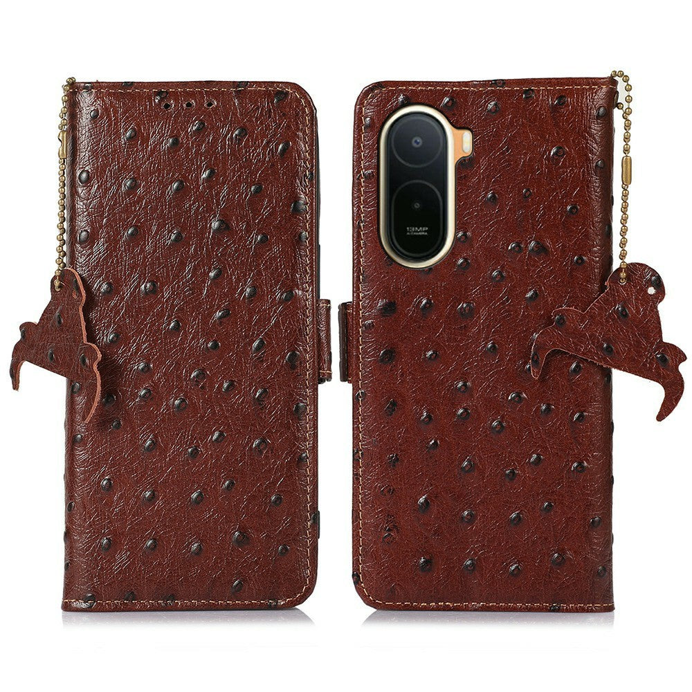 RFID Blocking Case for Xiaomi Poco C85x 5G / Redmi A7 Pro 4G (171.56mm) / Redmi A7 Pro 5G Genuine Cow Leather Phone Case Ostrich Texture