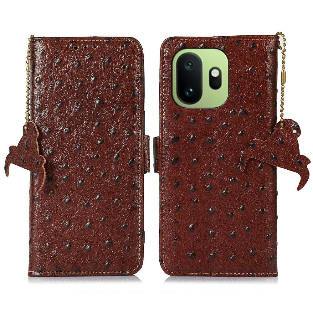 For OnePlus 15T 5G Case RFID Blocking Genuine Cow Leather Phone Case Ostrich Texture