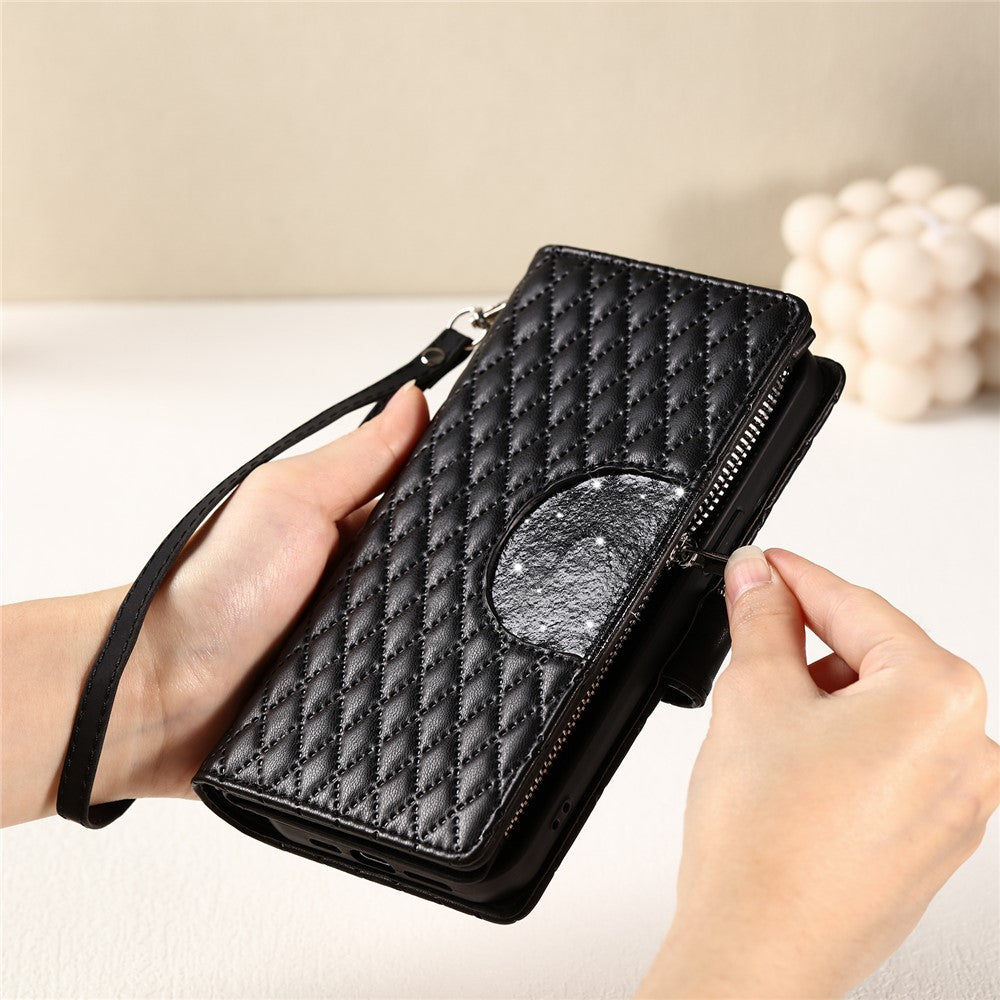 For Xiaomi Redmi 15a 5G Phone Case Zipper Pocket Glitter Leather Phone Cover with Wrist Strap