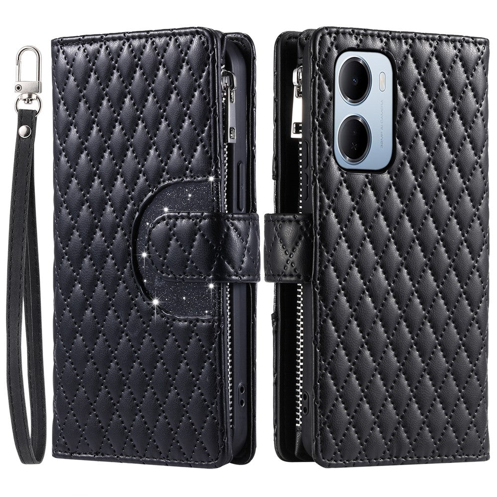 For Xiaomi Redmi 15a 5G Phone Case Zipper Pocket Glitter Leather Phone Cover with Wrist Strap