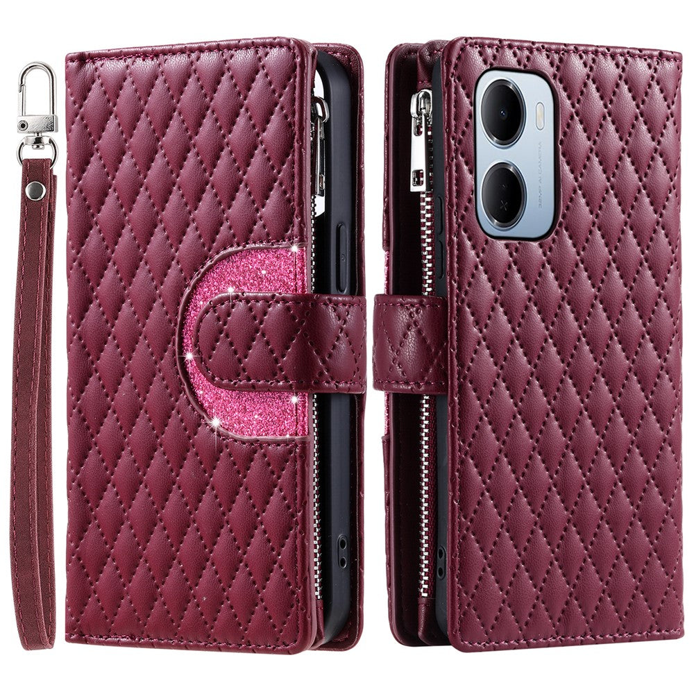 For Xiaomi Redmi 15a 5G Phone Case Zipper Pocket Glitter Leather Phone Cover with Wrist Strap