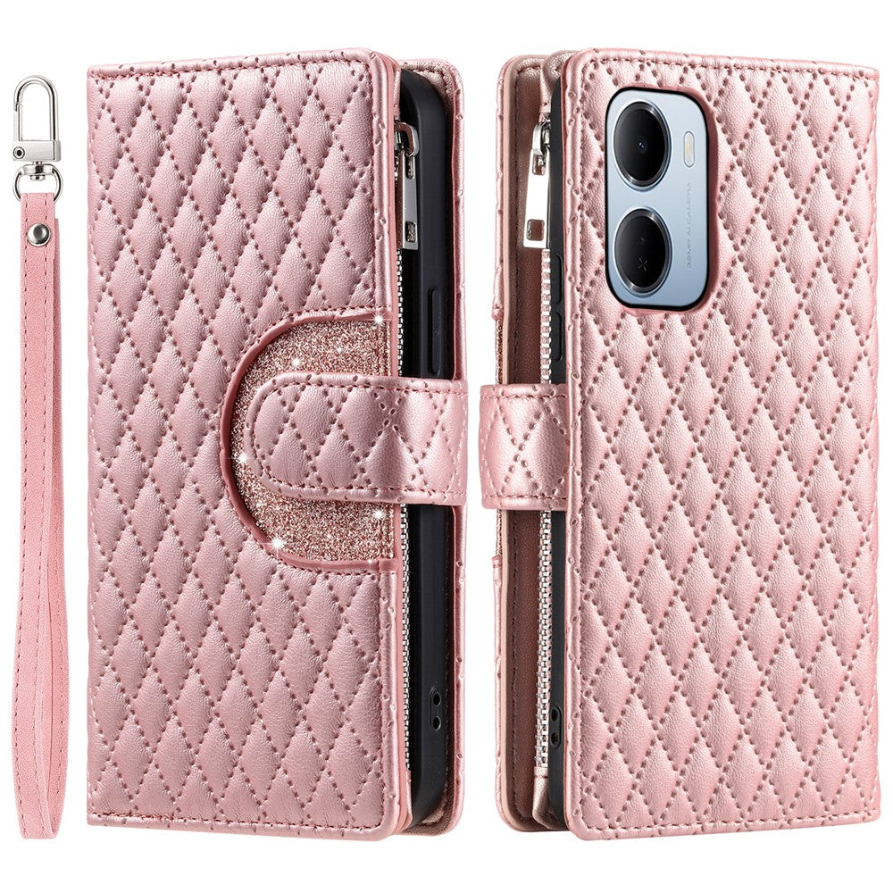 For Xiaomi Redmi 15a 5G Phone Case Zipper Pocket Glitter Leather Phone Cover with Wrist Strap