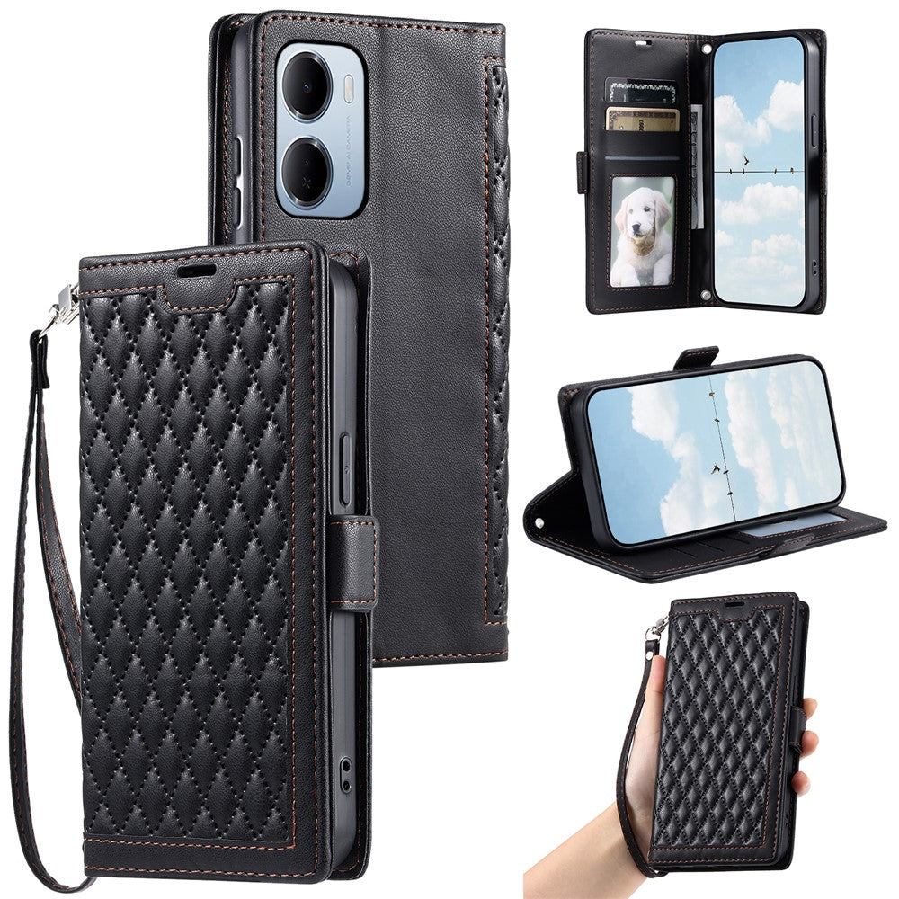 For Xiaomi Redmi 15a 5G Leather Case Rhombus Texture Wallet Stand Phone Cover with Wrist Strap