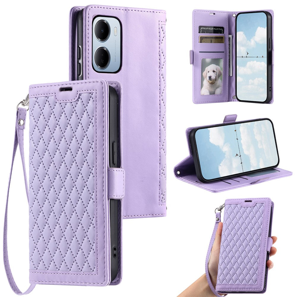 For Xiaomi Redmi 15a 5G Leather Case Rhombus Texture Wallet Stand Phone Cover with Wrist Strap