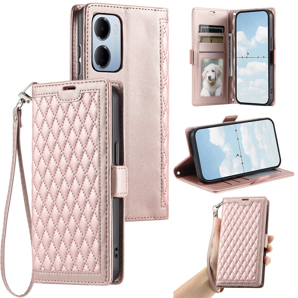 For Xiaomi Redmi 15a 5G Leather Case Rhombus Texture Wallet Stand Phone Cover with Wrist Strap