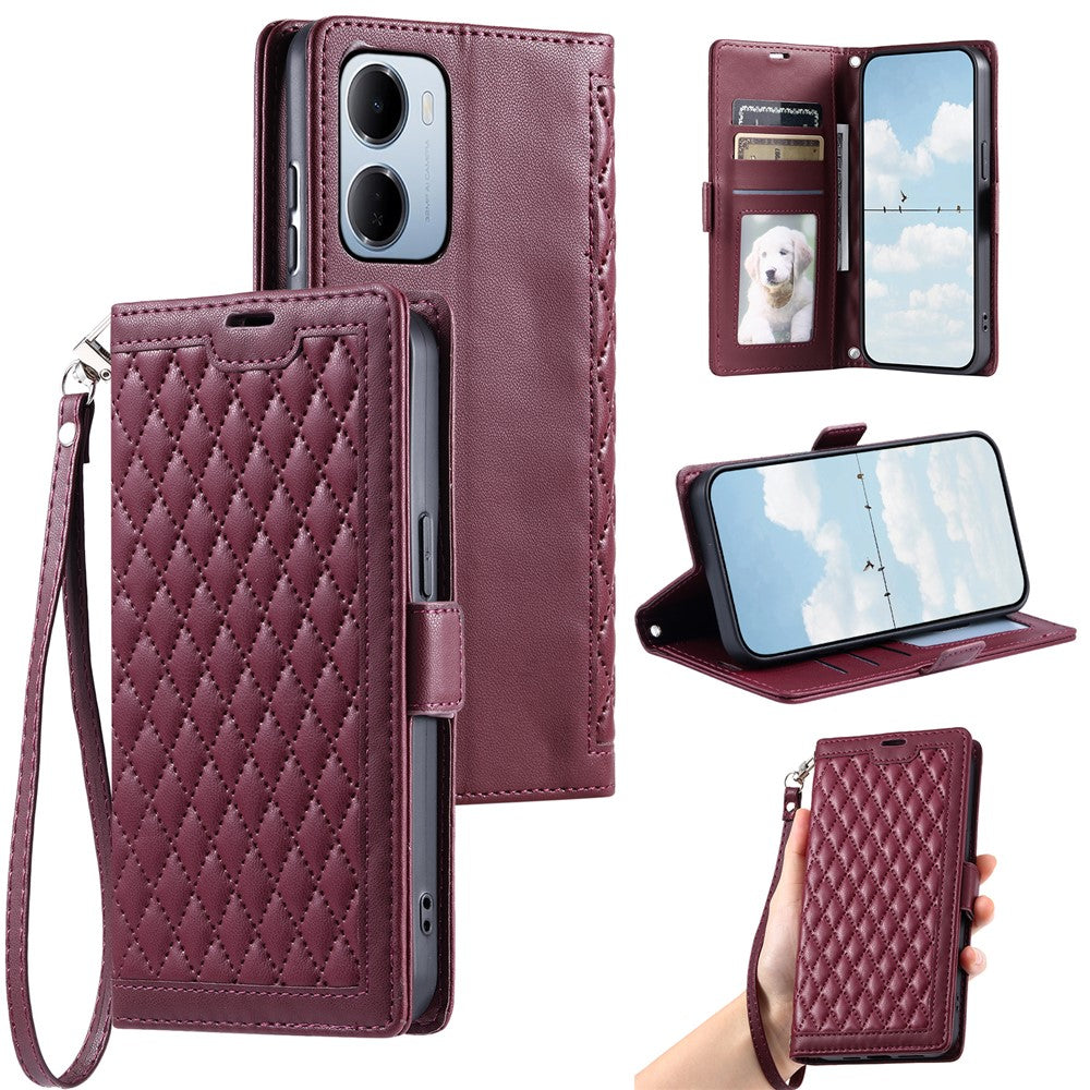 For Xiaomi Redmi 15a 5G Leather Case Rhombus Texture Wallet Stand Phone Cover with Wrist Strap