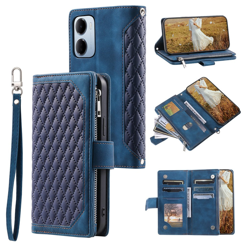 For Xiaomi Redmi 15a 5G Wallet Case Rhombus Stitching Line PU Leather Phone Cover with Wrist Strap
