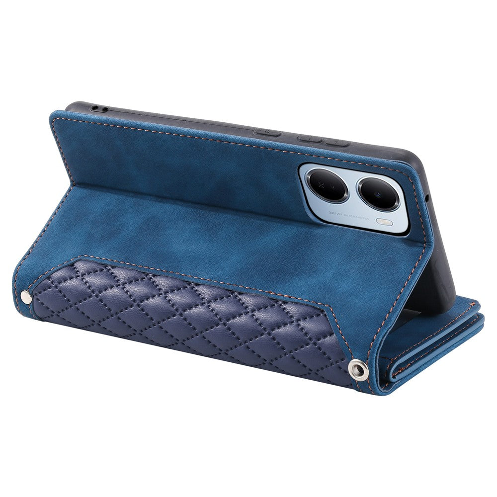 For Xiaomi Redmi 15a 5G Wallet Case Rhombus Stitching Line PU Leather Phone Cover with Wrist Strap