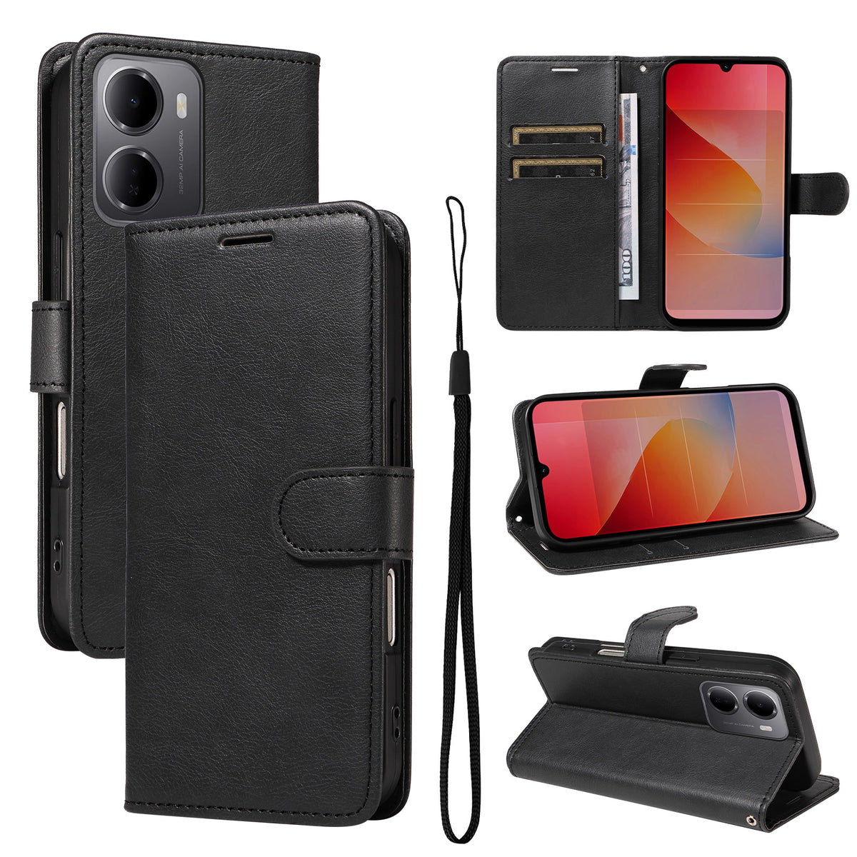 For Xiaomi Redmi 15a 5G Leather Wallet Case with Strap Solid Color Phone Stand Cover