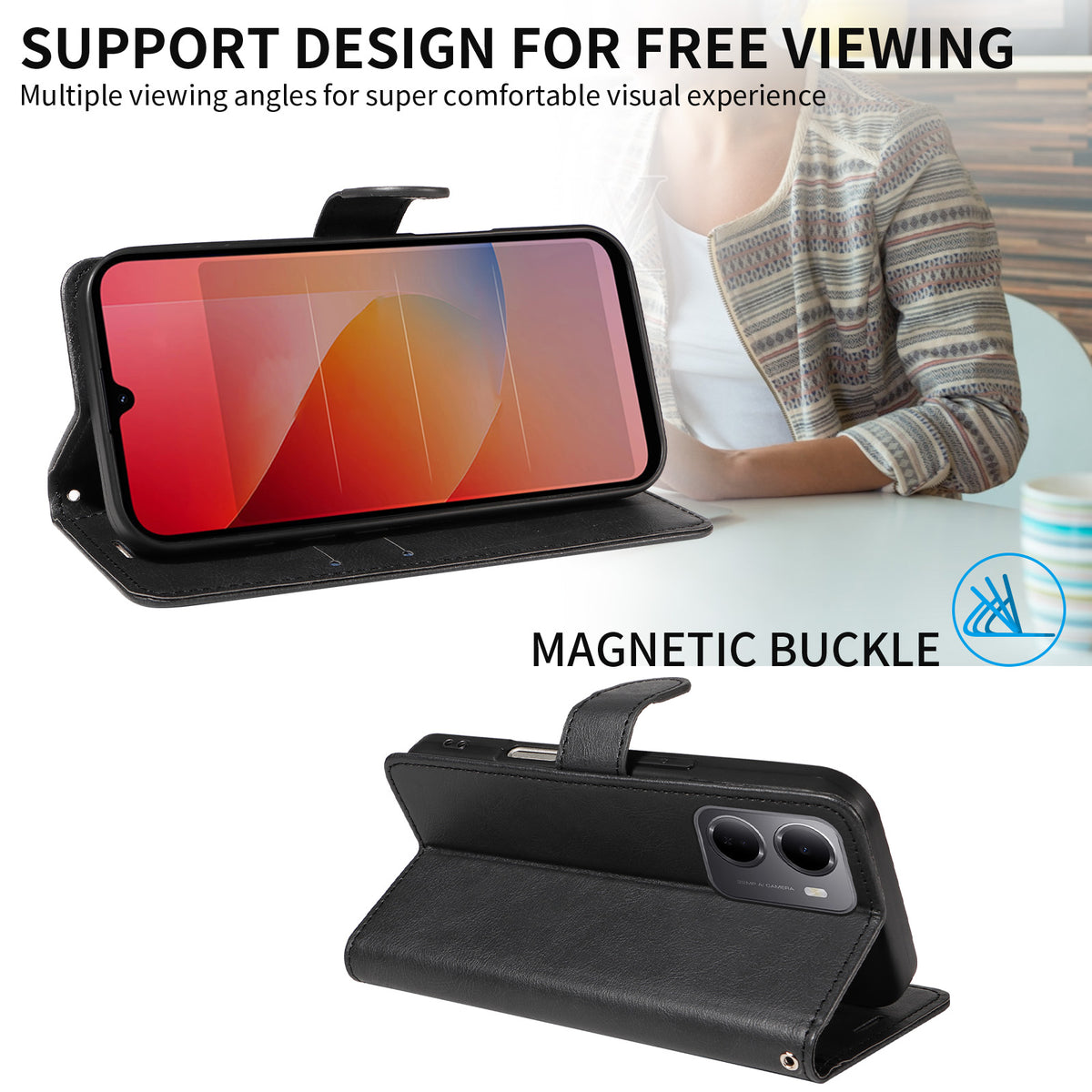 For Xiaomi Redmi 15a 5G Leather Wallet Case with Strap Solid Color Phone Stand Cover